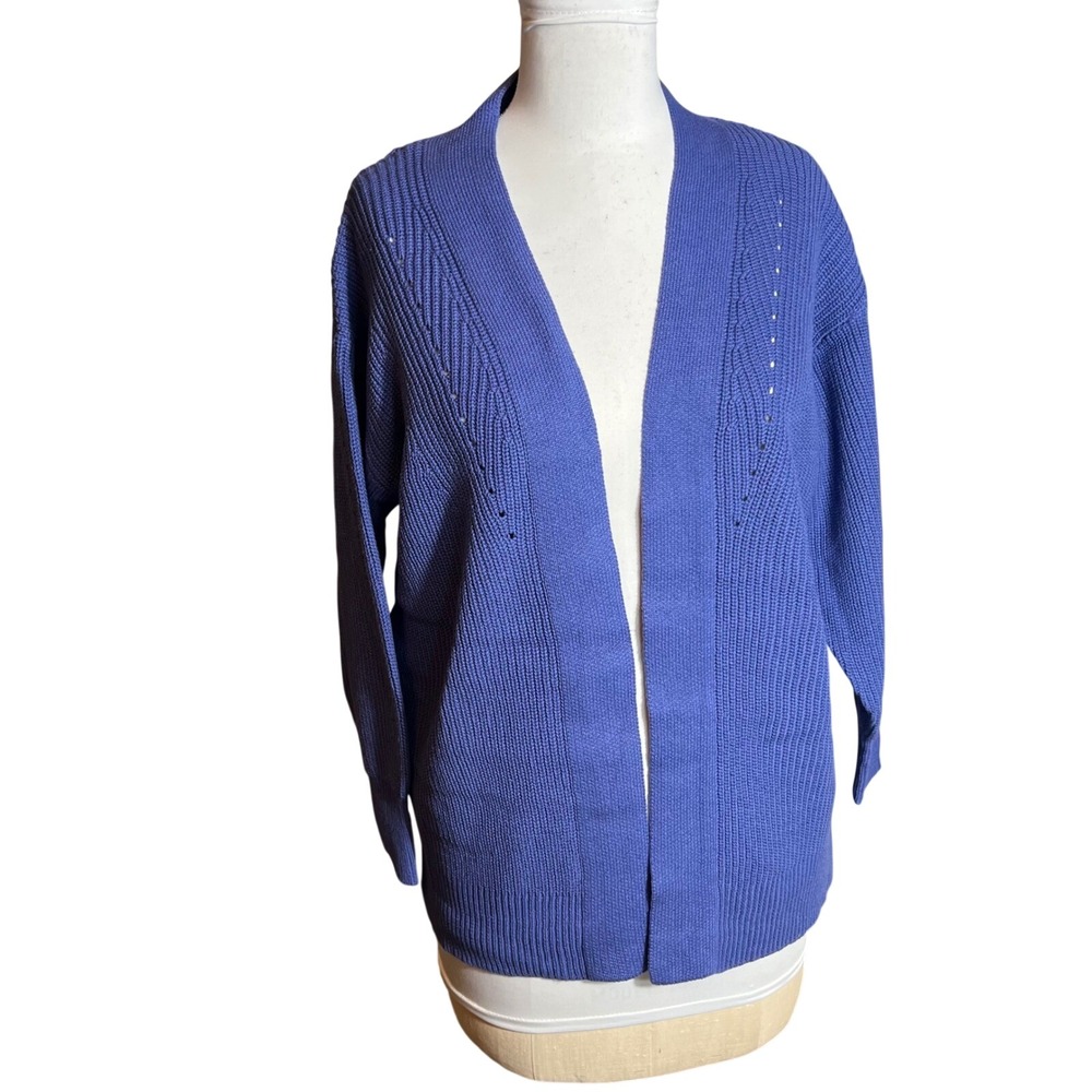 Zenana Periwinkle Blue Shaker Stitch Open Front Cardigan Pointelle Knit Small